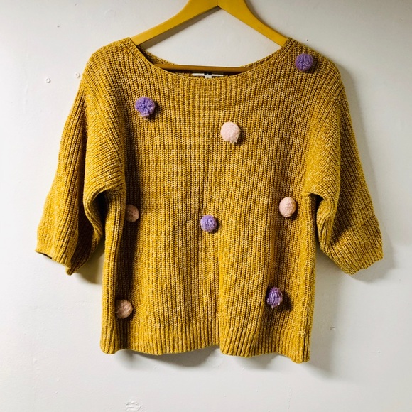 Uniqlo Sweaters - UNIQLO 3/4 Yellow Knit Sweater with Pom Poms
